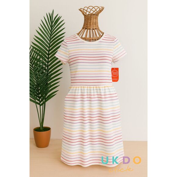 Girls Striped Knit Dress Size L + Old Navy Iridescent Slides 3 Bundle Outfit - Picture 5 of 6